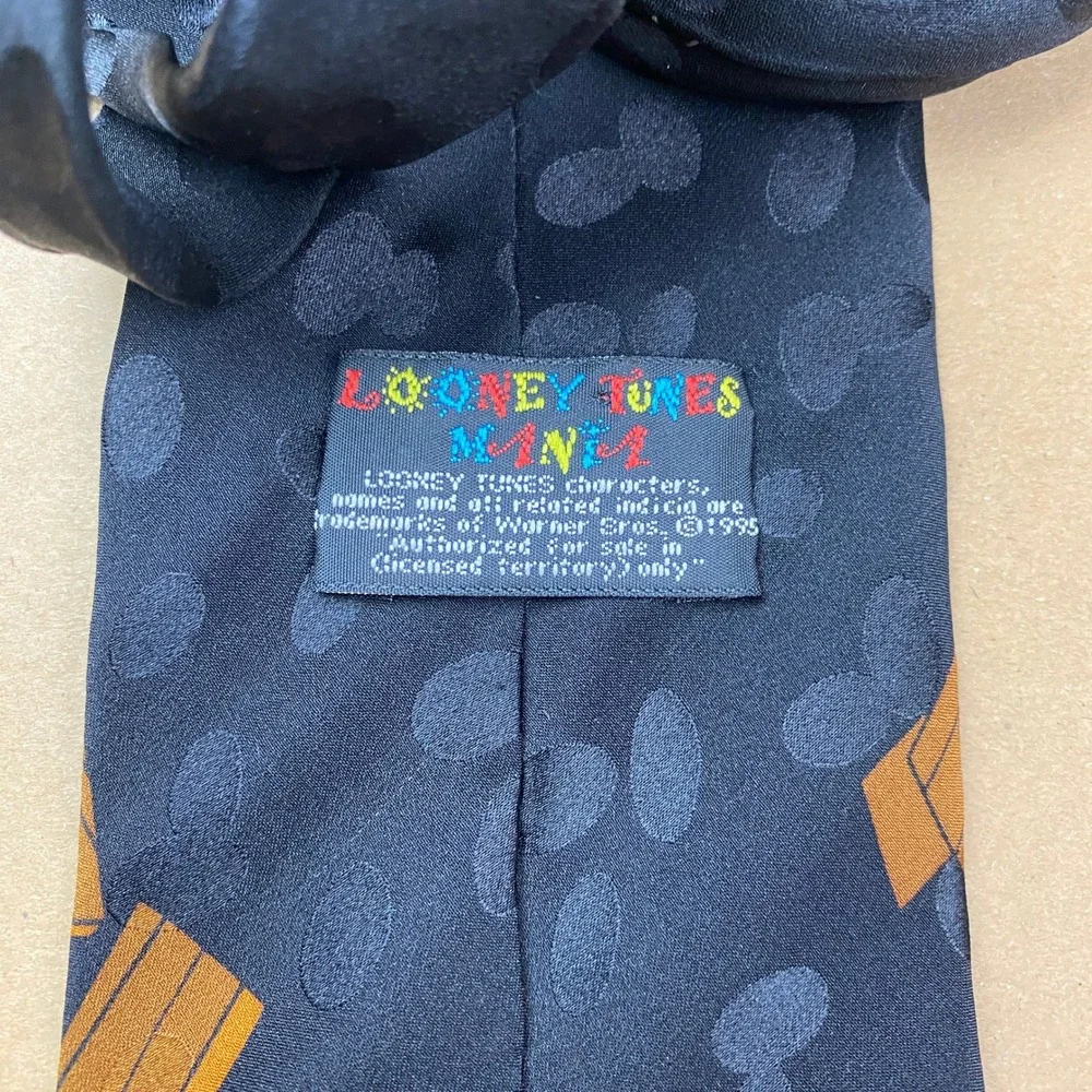 VTG Looney Tunes Mania Construction Characters Mens OS Black Silk Tie 1995 Taz